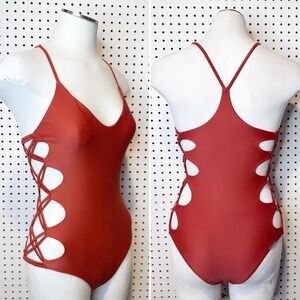 Body Glove | Rust‎ Orange Lattice Side Cutout One Piece Swimsuit V-Neck